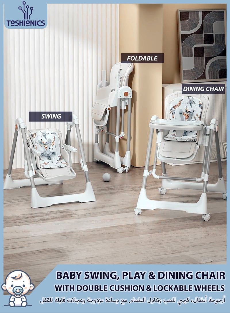 توشيونيكس كرسي طعام وأرجوحة للأطفال 3 في 1 - ارتفاع وإمالة قابلان للتعديل، صينية مزدوجة مع فتحة للزجاجة والجهاز اللوحي، خالٍ من مادة BPA، حزام أمان خماسي النقاط، عجلات قابلة للقفل - كرسي مناسب للأطفال الصغار - Image 1